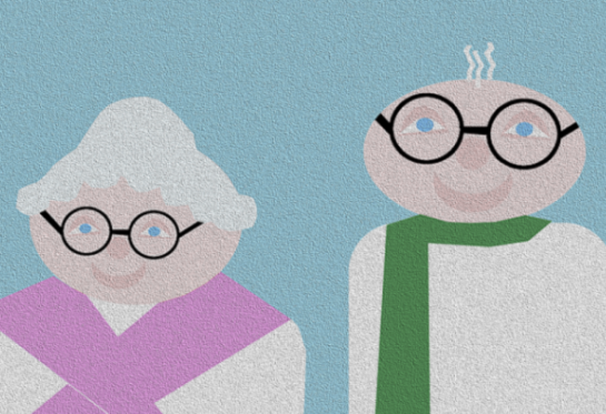 grandmother with pink scarf and grandfather with green scarf