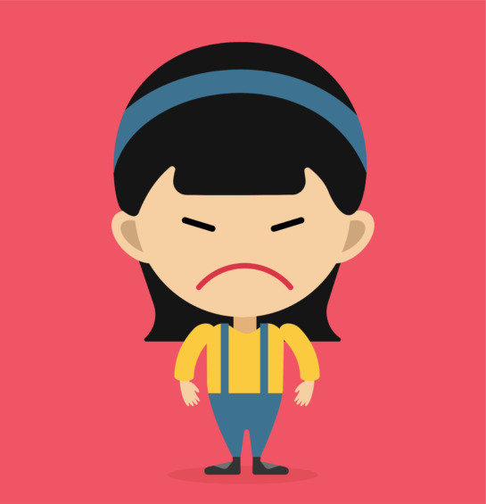 Angry girl in yellow shirt and blue pants with red background