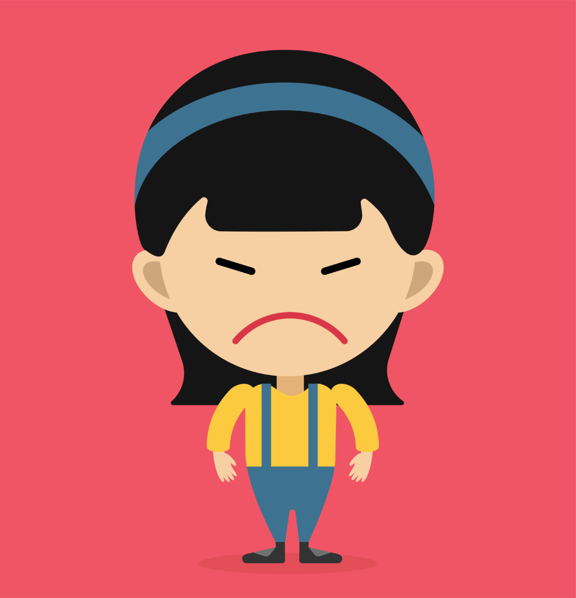 Angry girl in yellow shirt and blue pants with red background