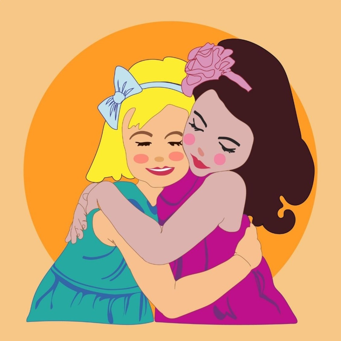 happier blond and brunette girl hugging